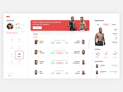 UFC Extension Concept - Betting app bets betting casino colorful dashboard design fighters fighting light theme listing profile ufc ui user experience user interface ux web website