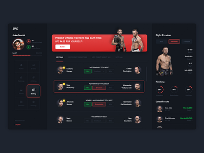 UFC Betting concept Dark theme app bets betting dark colors dark mode dark theme dashboard design mma sport ufc ui user experience user interface ux web website