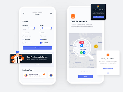 Find a freelancer/worker - mobile app app colorful design filters iphone job mobile onboarding ui user experience user interface ux