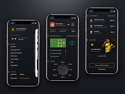 FManiac - Football manager mobile app app dark dark theme design football football app football manager iphone mobile soccer ui ui design user interface ux