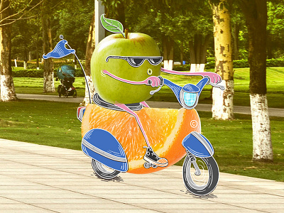 Fruit brand advertising campaign apple character design fruit orange scooter