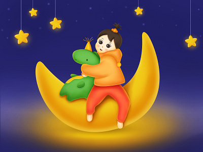Girl 2020 blue colorful cute design drawing fantasy girl icon illustration moon moonlight night river stars toy ui web website