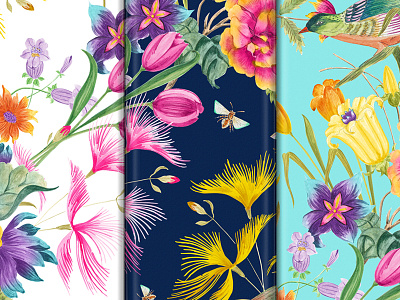 Watercolor Florals bees birds butterflies design florals flowers leaves pattern print seamless watercolor