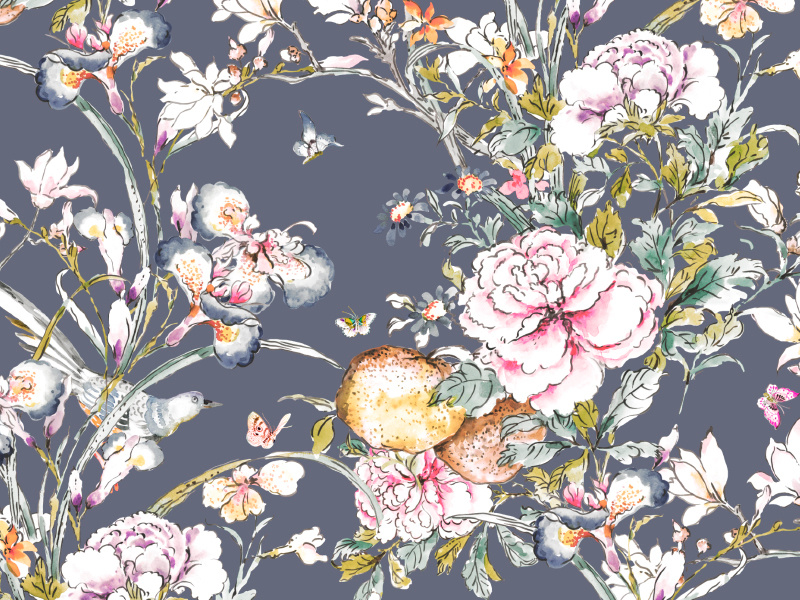 Okinawa chinoiserie chinese birds gongbi peonies leaves illustration art handpainted watercolor florals textiles seamless prints patterns