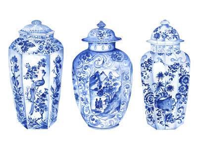 Ming Jars ceramics design fabric florals ginger jars handpainted illustration indigo ming jars oriental patterns pots prints seamless textiles watercolor