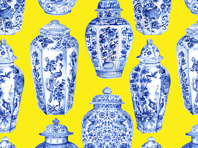 Ming jars design fabrics gongbi handpainted illustration indigo leaves ming jars oriental patterns seamless textiles watercolor