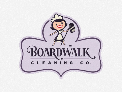 Boardwalk Cleaning cartoon character cleaning enclosure female feminine lettering logo maid mop panel retro shape woman