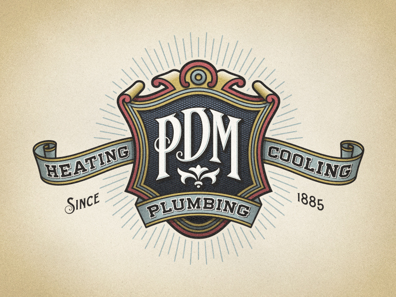 Shield Logo cooling heating plumbing devey jeffrey devey jeff devey antique gaslight shield ribbons banners emblem logo lettering type typography vintage