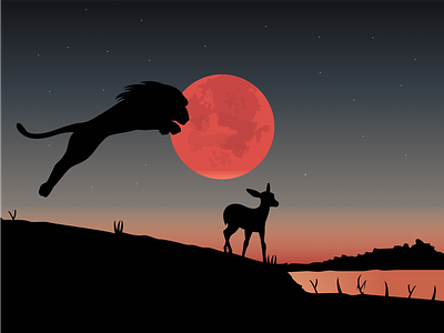 Silent Silhouettes africa blood moon gazelle illustration leaping lion safari waterhole