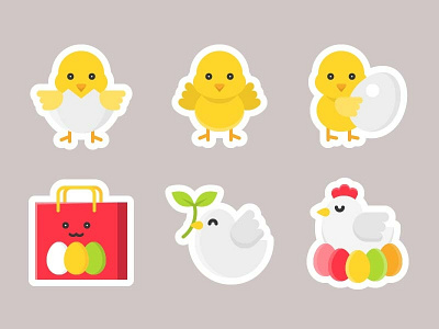 Easter icons chicken cute easter egg flat design icon kawaii shopping bag sticker vector