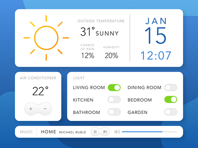 Daily UI - 021 Home Monitoring Dashboard air conditioner blue calendar dailyui dailyui 021 dashboard design graphic home illustration light monitor music settings simple temperature ui weather