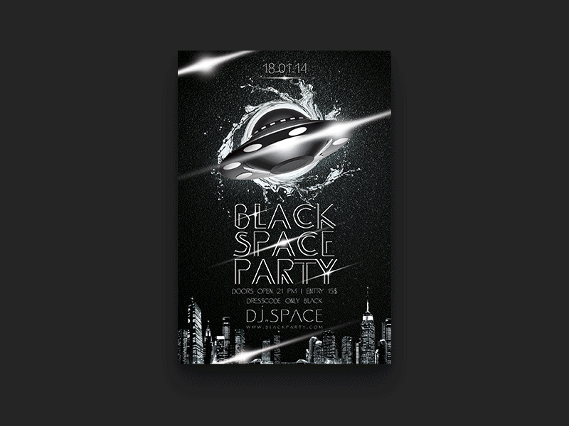 Black Space Party Flyer black blue city dance dj electronic futuristic party flyer space splash ufo violet