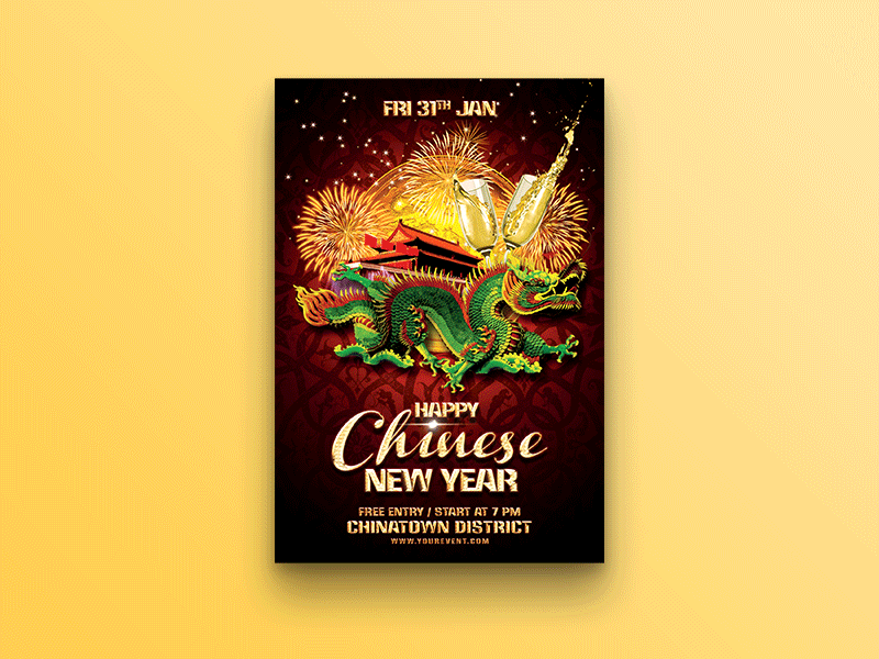Happy Chinese New Year Flyer asian celebration china china town chinese new year dragon fireworks flyer design gold invitation new year oriental