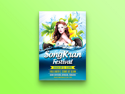 Songkran Festival Flyer coconut tree flower flyer design holiday music new year sexy songkran festival summer thailand water gun water splash