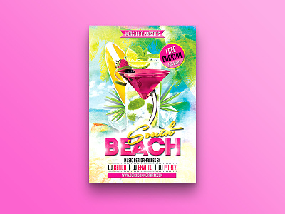 South Beach Party Flyer beach cocktail coconut tree colorful flyer design fresh holiday south beach splash flyer summer festival surfboard water color
