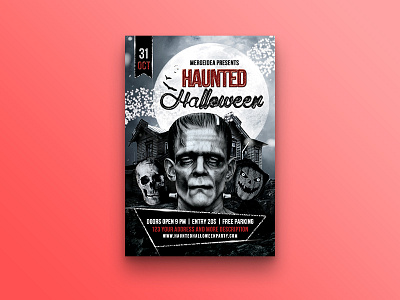 Haunted Halloween Party Flyer 31 october competition frankenstein halloween haunted house horror invite night pumpkin raven scary skull