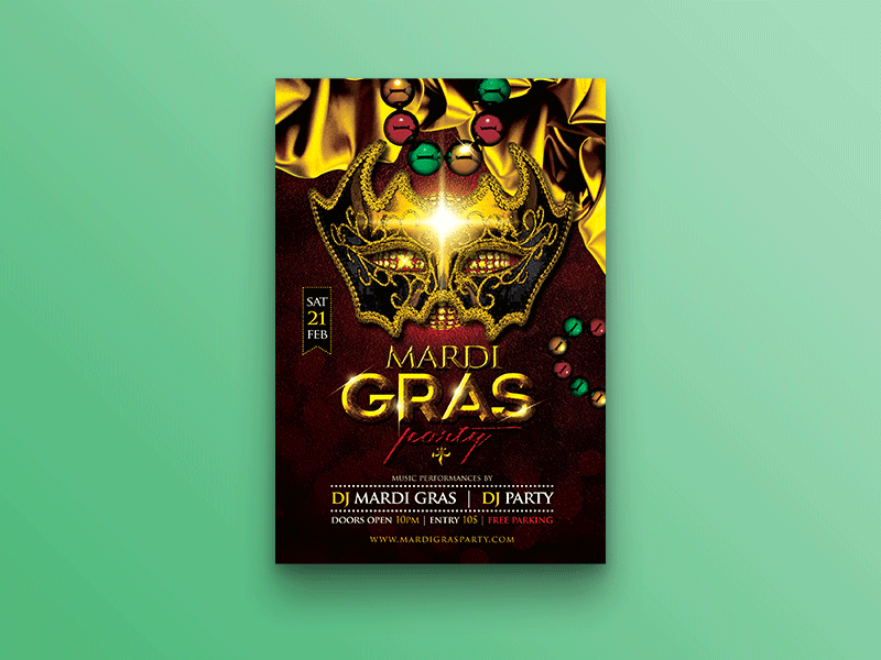 Mardi Gras Party Flyer beads carnival disco event festival france gold luxury mardi gras mask party poster template