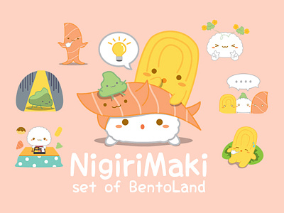 NIGIRIMAKI set of BentoLand cartoon character drawing food illustrator japanese line line creator sashimi sticker sushi vector