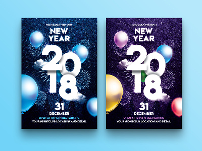 New Year 2018 Party Flyer balloon celebrate celebration count down december design event fireworks float flyer glitter holiday invitation midnight blue multicolor new year new year 2019 night one color party flyer