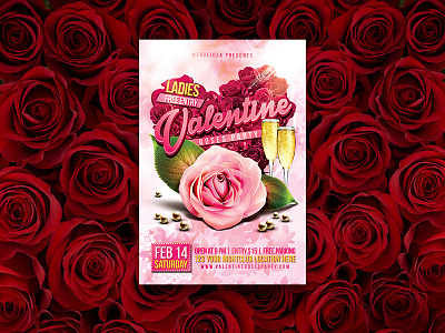 Valentine Roses Party Flyer 14 february celebration champagne cocktail dance event flyer heart holiday light love lover night party pearl pink psd romantic roses valentines day