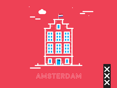 Amsterdam amsterdam building clouds flag flat design illustration netherlands red travel