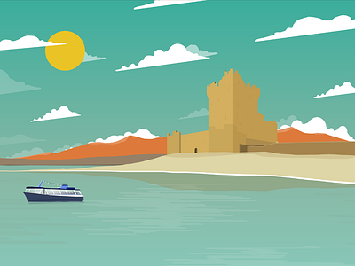 Ross Castle boat castle flat design illustration ireland killarney sky sun travel poster