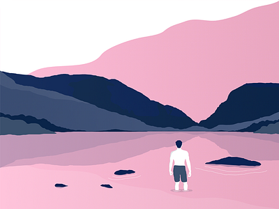 Down by the Lake flat design guy illustration lake landscape mountains water
