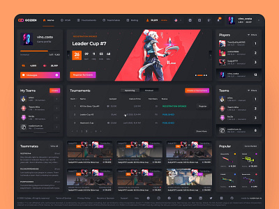 Game Tournaments Platform Desktop Home Page competition corporate cup dark mode dark ui desktop gambling game gameplay gaming home page interface neomorfism platform tournament ui design ux design valorant web web design