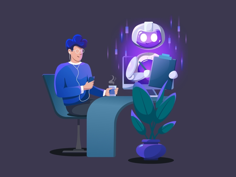 Trading Bot Scene Illustration bars bot characters chart coffee computer employee glasses imac music office phone plant robot scene table trading trading bot working workspace