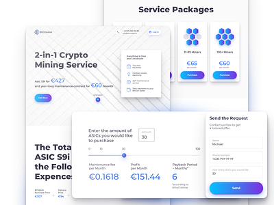 Crypto Mining Service Landing Page asic bitcoin blockchain calc calculator crypto crypto currency cryptocurrency design ico interface landing landing page mining product service ui ux web white