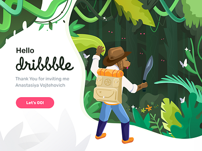 Hello Dribbble! character debut explorer green hello dribble illustration journey