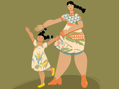 Mother&Daughter Fashion colorful design family girl green happy illustration sweet vector vintage woman