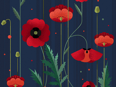 Poppies blue design field flowers green illustration leaves plants red summer texture vector