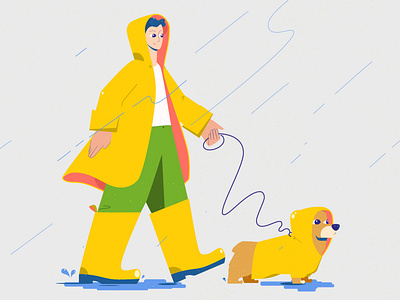 Dogwalker animal bad weather corgi cute design dog funny good mood illustration rain rainboots raincoat vector yellow