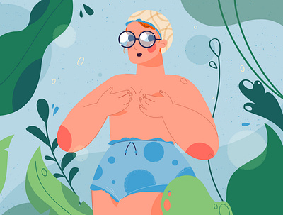 Swimmer blue botanical character design girl green illustration leaves nature summer vector woman