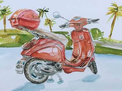 Vespa green italy motorcycle red vespa watercolor watercolour