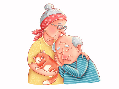 Elderly man and woman aged cartoon character cute elderly family grandfather grandma grandmother granny hug illustration love older parents pensioner person smile tenderness together