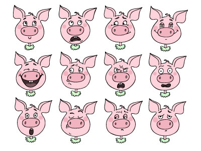Set of emotions cute and funny pig cartoon character collection cute emoji expression feelings fun illustration pig set vector