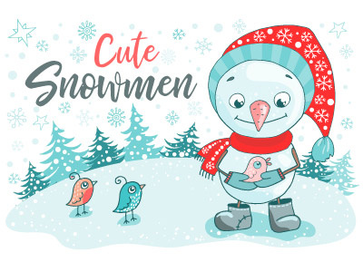 Cute Snowmen cartoon character christmas cute decoration illustration smile snow snowflake snowman vector winter