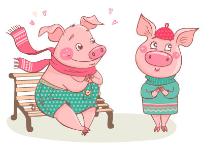 Couple of cute cartoon pigs fallen in love animal cartoon character couple cute design funny illustration love pig piglet smile vector