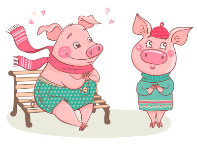 Couple of cute cartoon pigs fallen in love