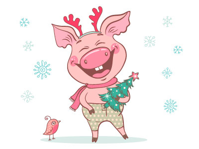 Funny cute pig animal baby bird cartoon character christmas cute decoration deer design emoji funny horn illustration laughter pig piglet smile tree vector
