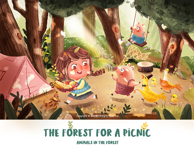 The forest for a picnic 《two》 character art cut design dog girl illustartion kid