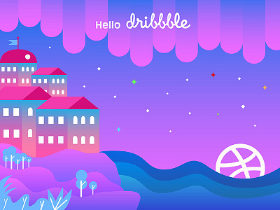 Hello Dribbble city colored cute dribbble funny gradient happy illustration pink stars trees vector