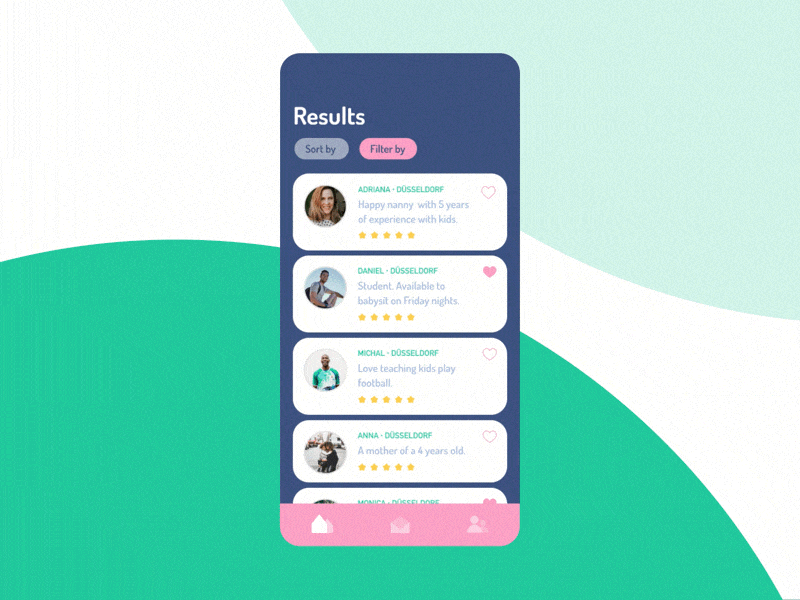 Nanny App - Concept app bottom bar dailyui design kids list view minimalist mobile ui nanny profile review ui