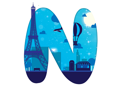 N 12x 36 days of type airplane alphabet buildings clouds effiel tower hot air ballon illustration illustrator cc phone booth sidewalk stars typography vector