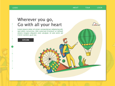 Homepage for a travel website branding customise explore green happy holiday homepage illustration illustrator tour travel trip ui uiux wander wanderlust webdesign website websitedesign yellow