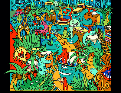 Album Cover for Hippo Sound System remix from Snazzback brasil cartoon characters illustration keith harring landscape music illustration pop culture surrealism tropical