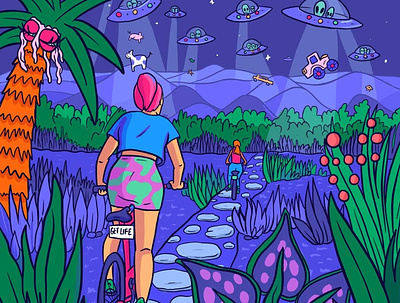 A Ride Into CE-5 Encounters. Trippy art for Getlife instagram. 2d bike ride character design colourful female art illustration pop spacey art surreal illustration surrealism trippy art trippy illustration woman bike