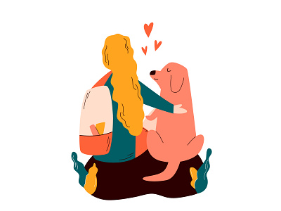 Let's travel together animal backpacker design dog friendship girl hugging illustration journey love trip vector wanderlust